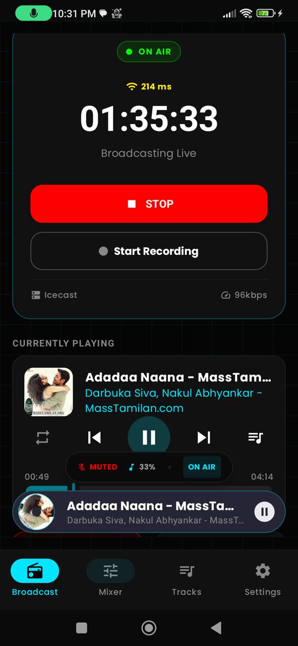 BroadcastMySelf Main Dashboard on Android