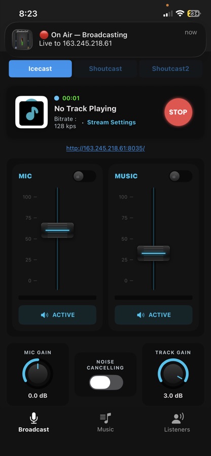 BroadcastSelf for iPhone streaming live to an Icecast server